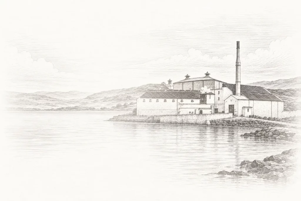 Ilustracja destylarni Bowmore nad zatoką Loch Indaal